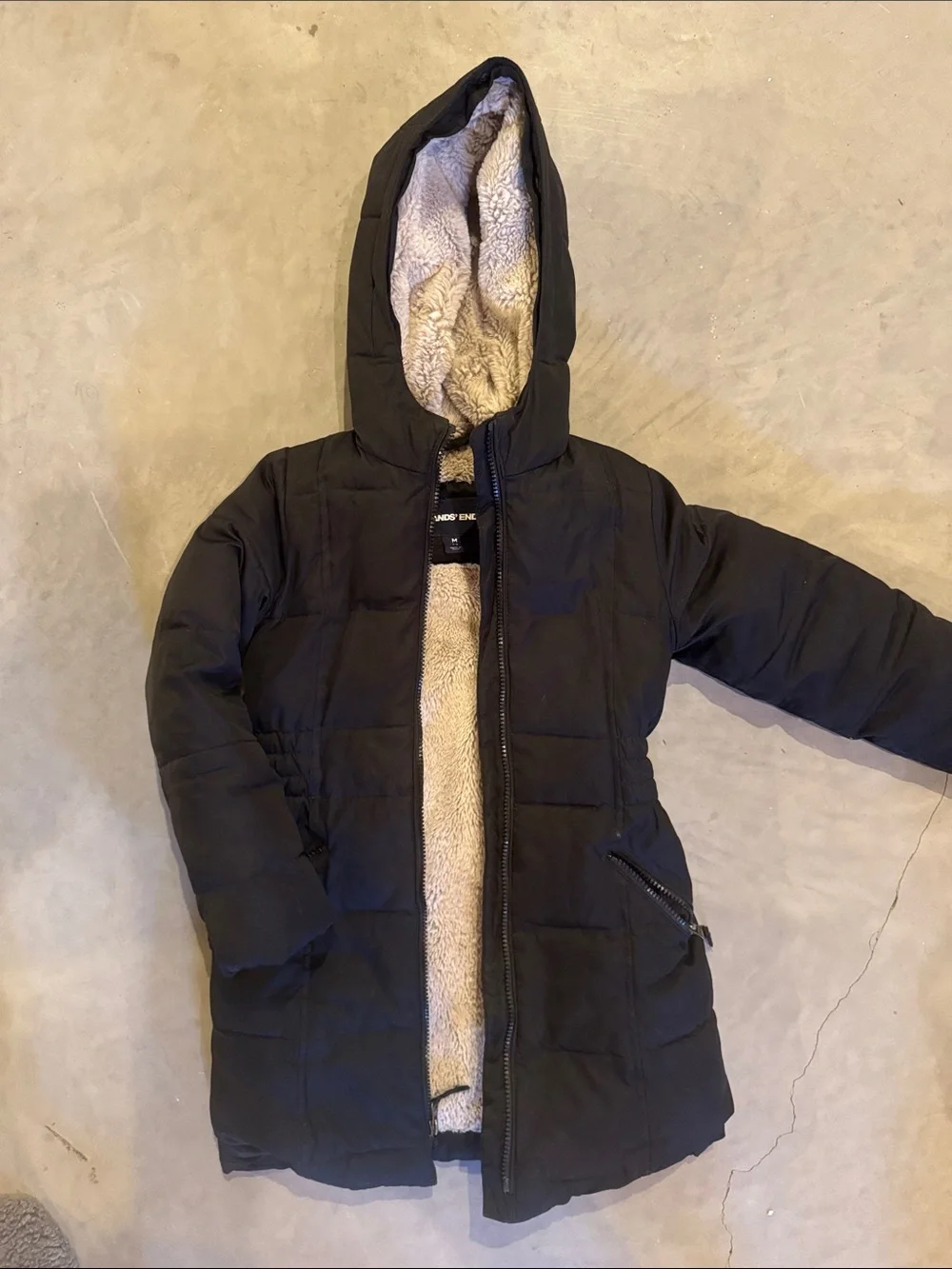Lands' End Black Hooded Puffer Coat with Sherpa Lining